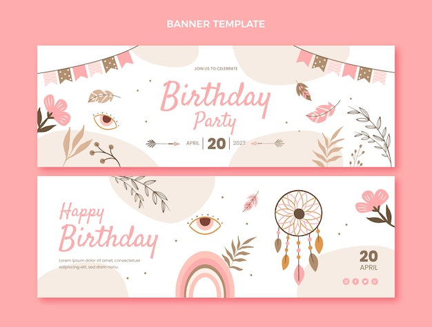 Vettore modello di banner orizzontale di compleanno disegnato a mano