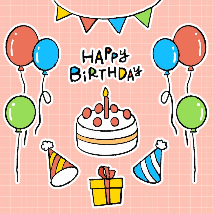Vector 손으로 그린 생일 그림 요소 생일 케이크 생일 모자 선물 풍선 및 플래그