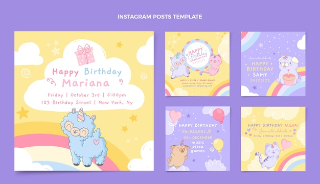 Vector hand drawn birthday instagram posts