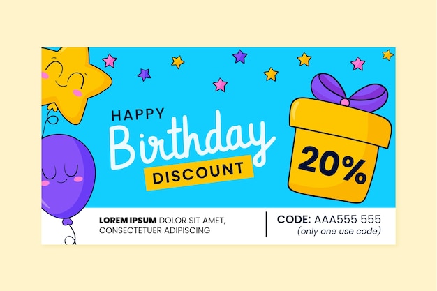 Vettore modello di coupon di vendita di compleanno disegnato a mano