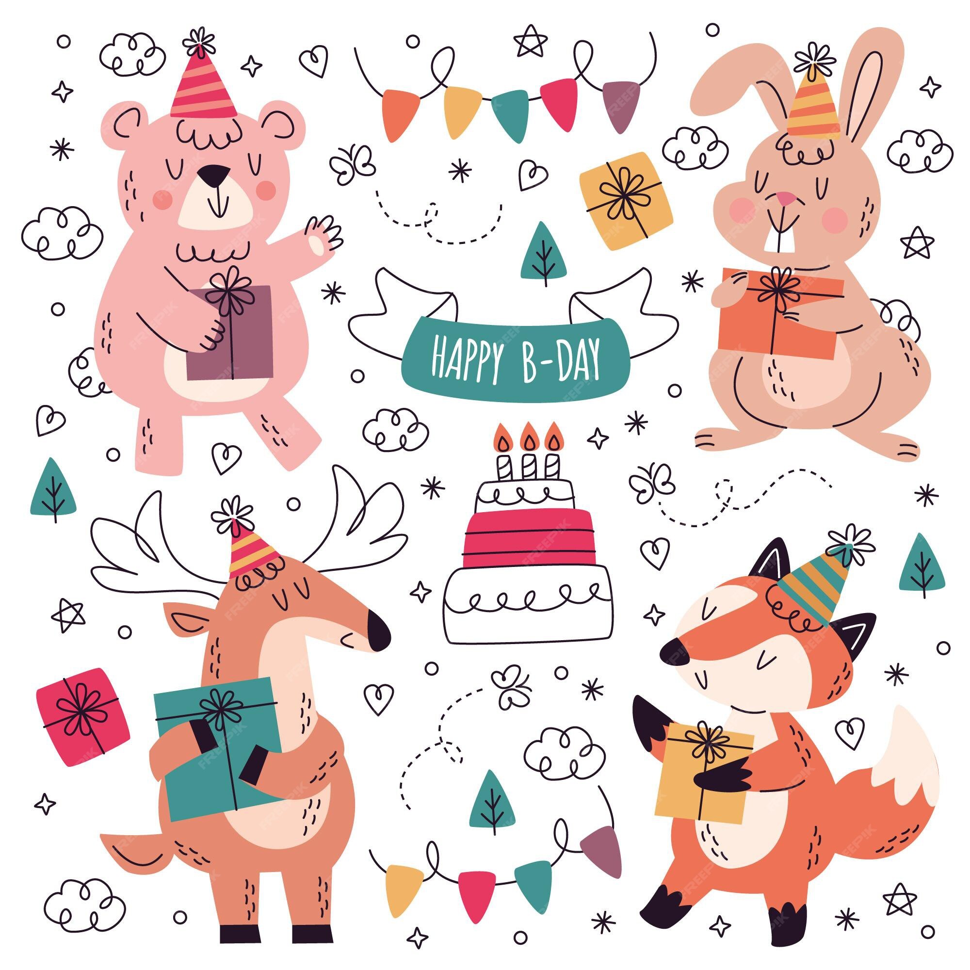 Premium Vector | Hand drawn birthday stickers collection