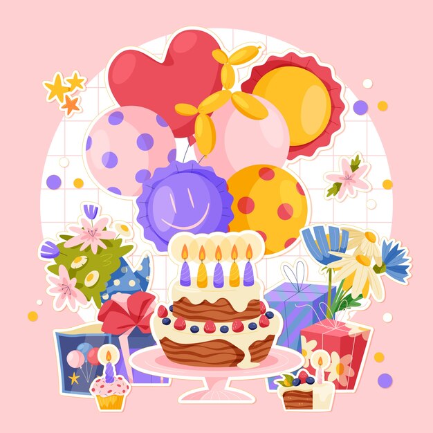 Vector hand drawn birthday stickers composition