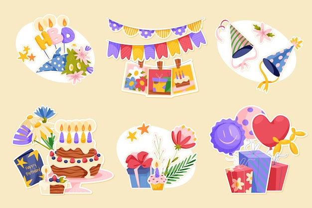 Hand drawn birthday stickers mini composition set