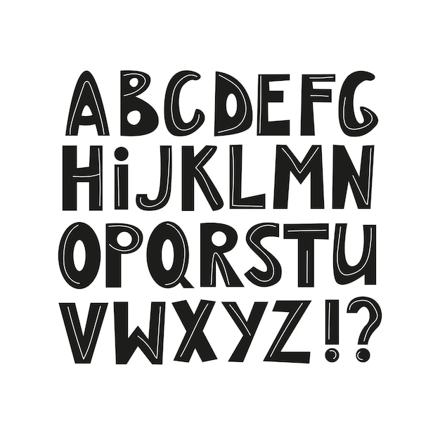 Hand drawn black alphabet with white lines on it. vector illustration