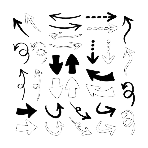 Vector hand drawn black arrows set various shape simple and dotted arrows doodle design