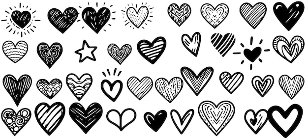 Hand drawn black doodle scribble lines art icon different hearts shape elements collection vector