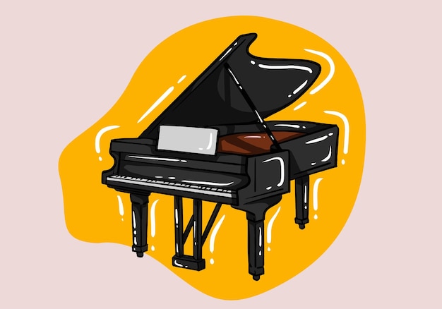 Pianoforte a coda nero disegnato a mano illustrazione vettoriale in stile piatto oggetto per concetti musicali