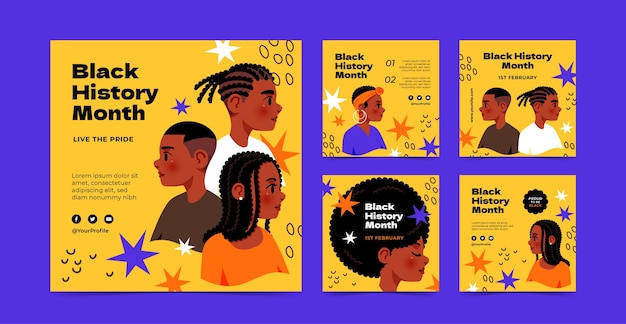 Vector hand drawn black history month instagram posts collection