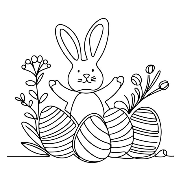 Vector hand drawn black line art rabbit easter egg doodle linear style vector illustration elements one continuous line drawing bunny with eggs editable stroke outline