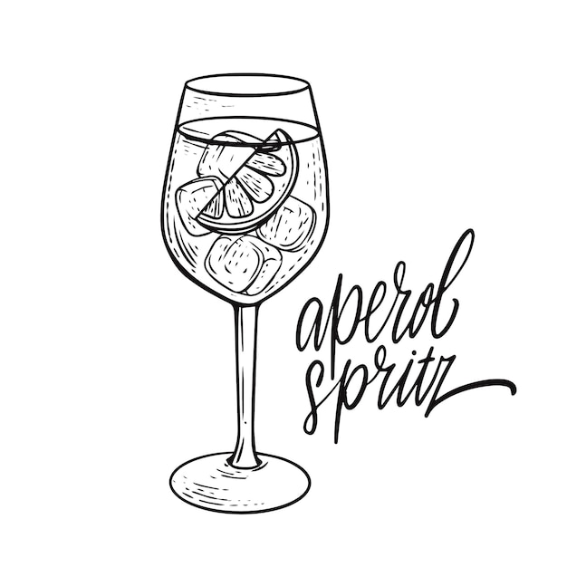 Illustrazione di arte vettoriale del cocktail spritz con contorno nero disegnato a mano.