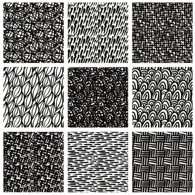 Vector hand drawn black seamless patterns set