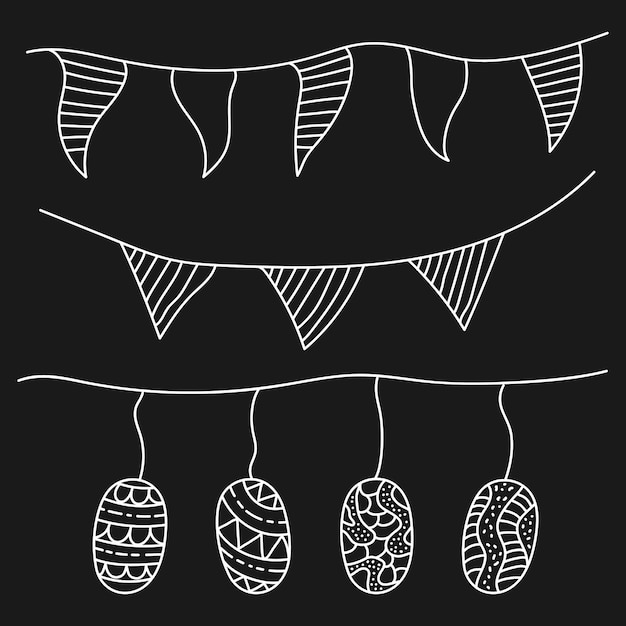 Vector hand drawn black and white easter eggs and garlands doodle illustration