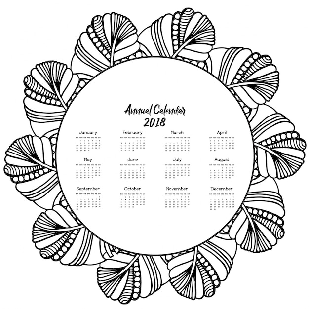 Calendario annuale floreale nero e bianco disegnato a mano