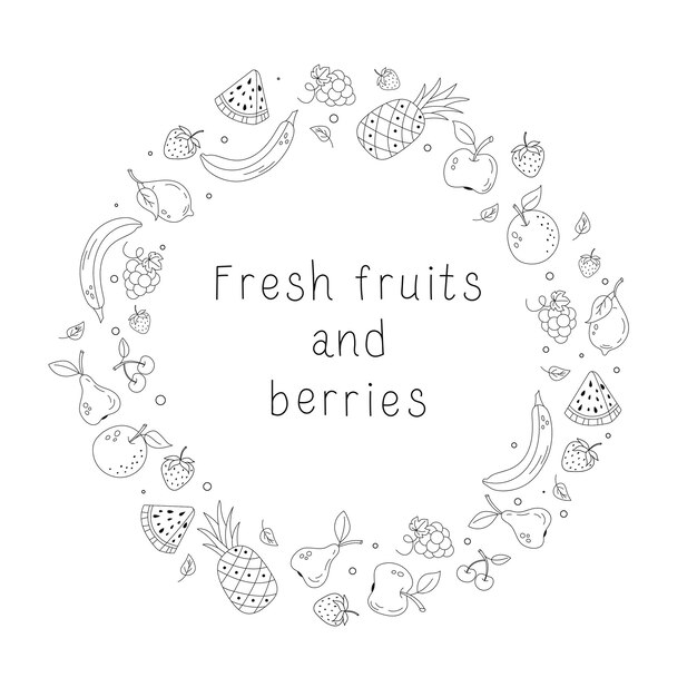 Hand drawn black and white fruit and berries wreath isolated on white background