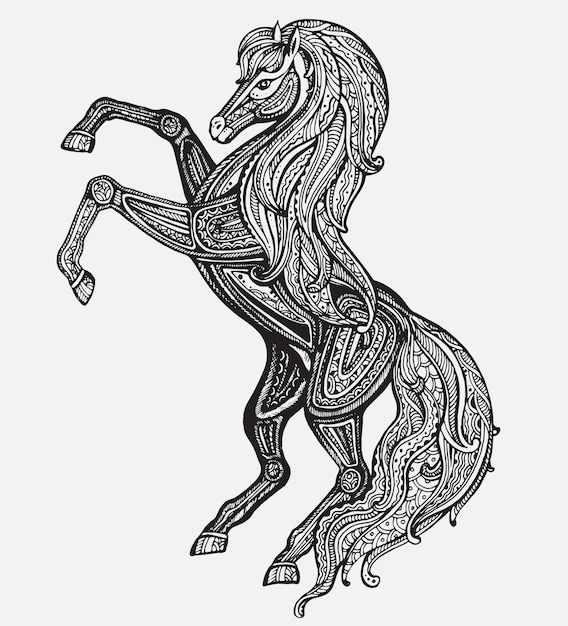 Hand drawn black and white horse with a lot of details in graphic style.