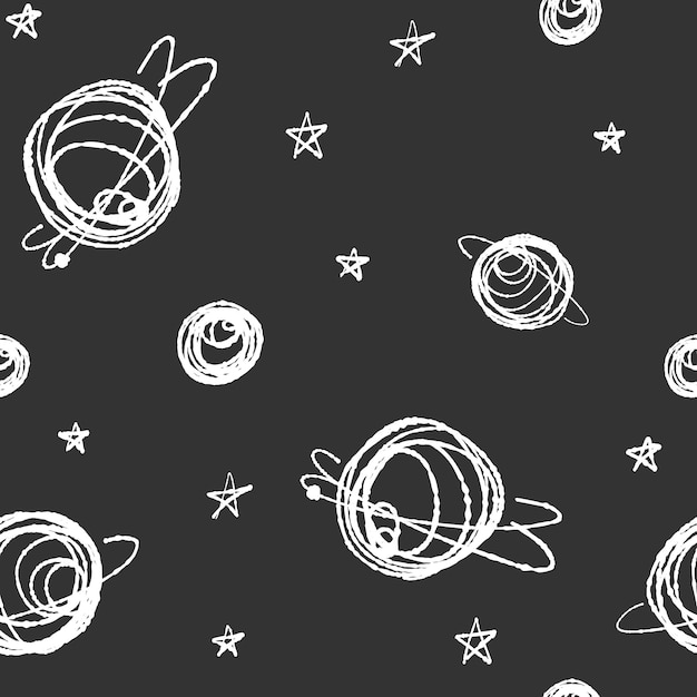 Reticolo in bianco e nero disegnato a mano, pianeti di doodle e carta da parati senza cuciture delle stelle. simpatico cosmo vettoriale