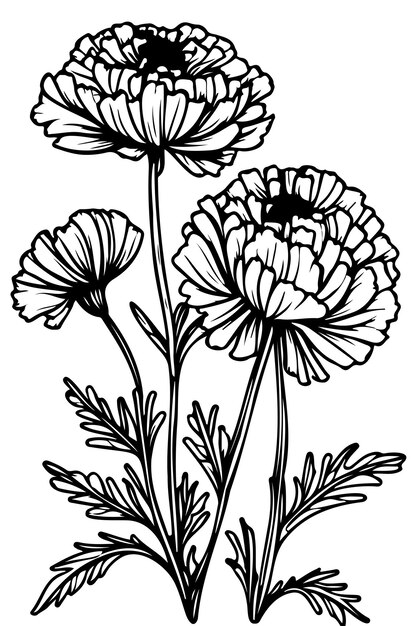 Vector hand drawn black and white set of marigold flowers