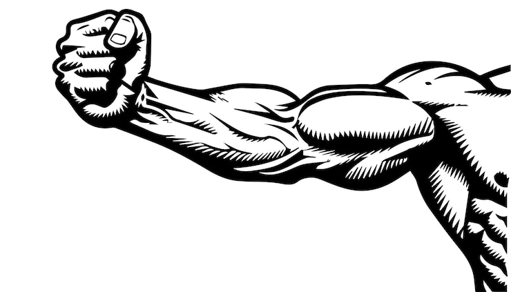 Vector hand drawn black and white vintage engraving of a muscular arm flexing