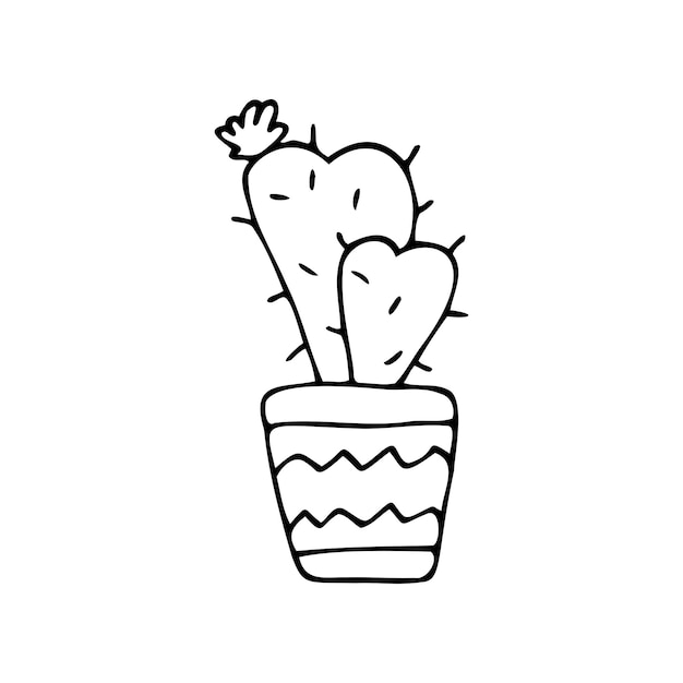 Hand drawn blooming cactus in a pot in the shape of a heart isolated on a white background