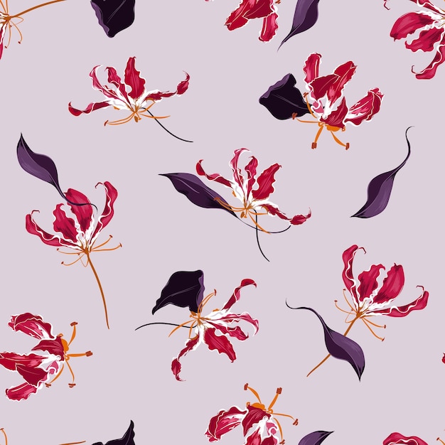 手描きの咲く炎ユリ花庭植物の花シームレスパターンベクトル背景