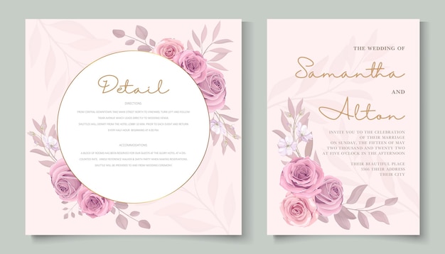 Hand drawn blooming rose flower wedding card design