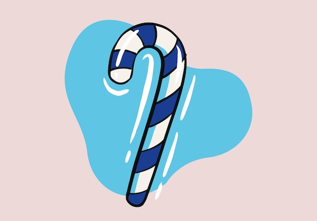 Hand drawn blue christmas candy cane isolated on background. Template for xmas