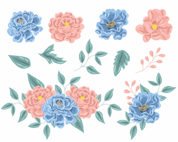 Vector hand drawn blue and pink rose