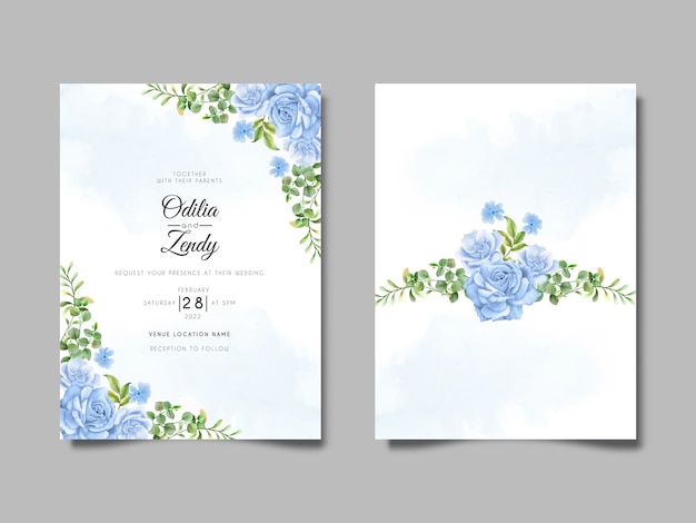 hand drawn blue roses wedding invitation set template