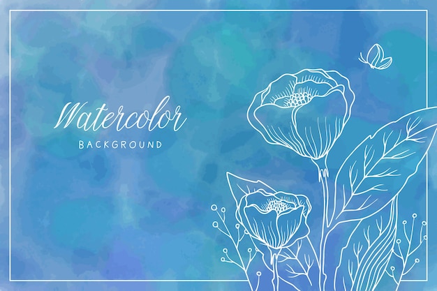 Hand drawn blue watercolor background with flower