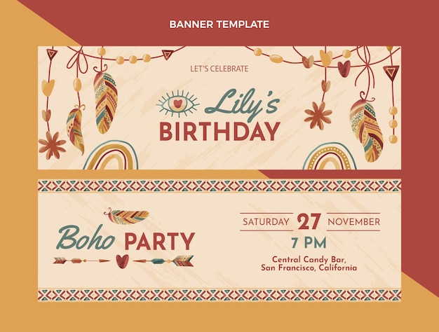 Vector hand drawn boho birthday horizontal banners