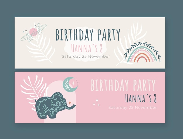 Vector hand drawn boho birthday horizontal banners