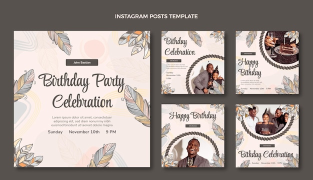 Vector hand drawn boho birthday instagram post