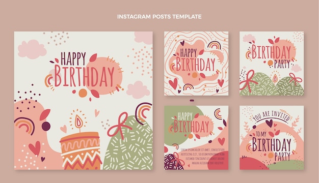 Vector hand drawn boho birthday instagram post