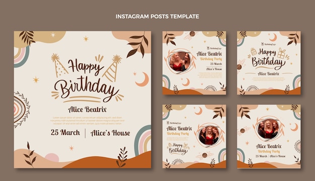 Vector hand drawn boho birthday instagram post