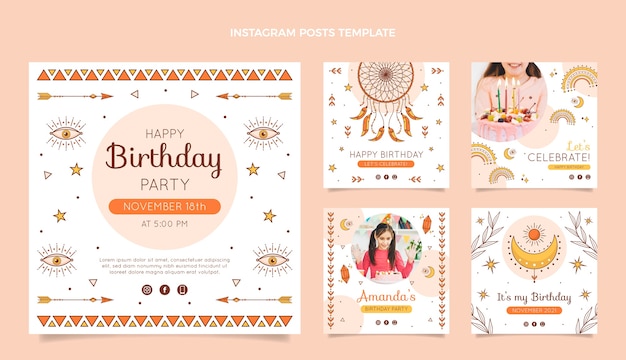 Hand drawn boho birthday instagram posts