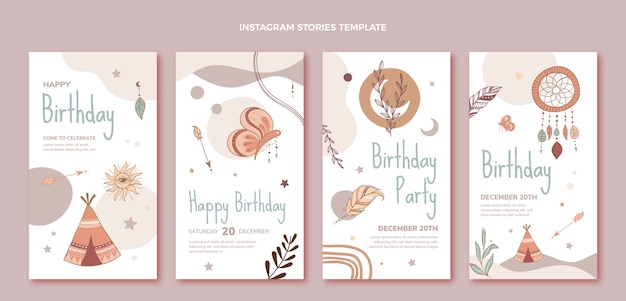 Vector hand drawn boho birthday instagram stories