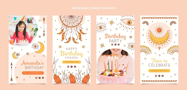 Vector hand drawn boho birthday instagram stories