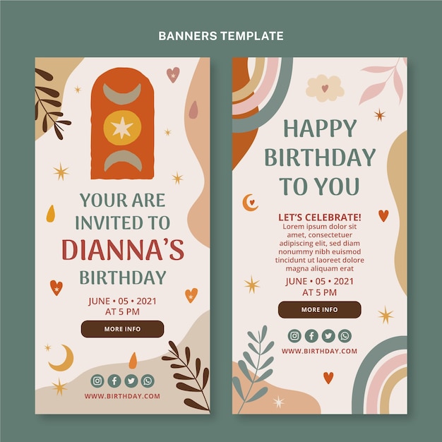 Hand drawn boho birthday vertical banners