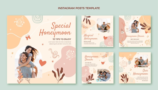 Vector hand drawn boho honeymoon instagram posts collection