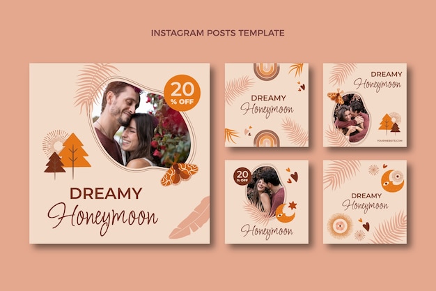 Vector hand drawn boho honeymoon instagram posts collection