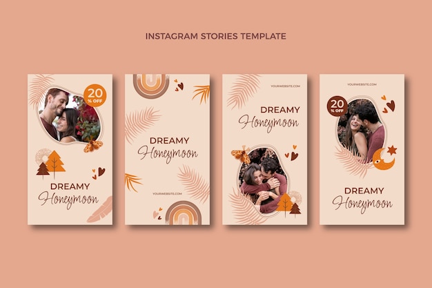 Вектор Нарисованная рукой коллекция рассказов instagram о медовом месяце в стиле бохо