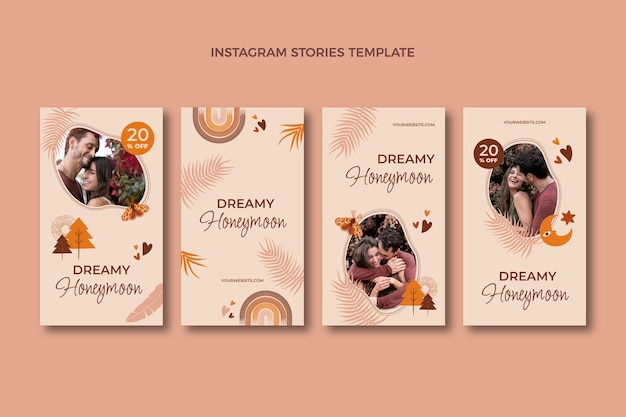 Vector hand drawn boho honeymoon instagram stories collection