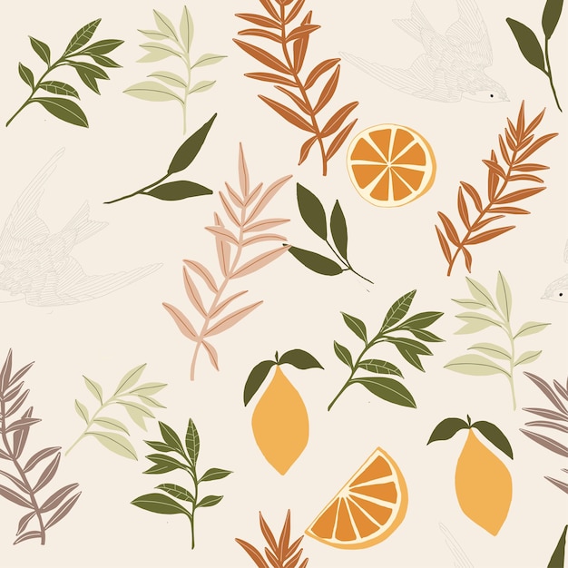Hand drawn boho seamless pattern with citrus fruit botanical elements and line art flying bird