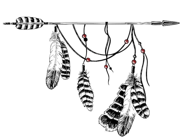 Vector hand drawn boho style design arrow and feathers fashion decoration for tshirt or tattoo ethnic style dream catcher