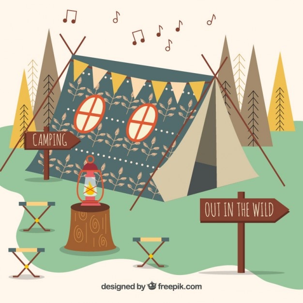 Vector hand drawn boho tent in a flat landscape