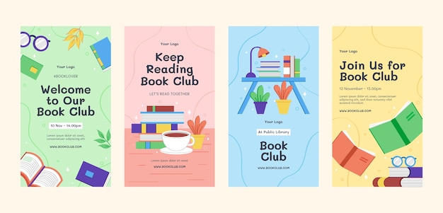 Vector hand drawn book club instagram stories