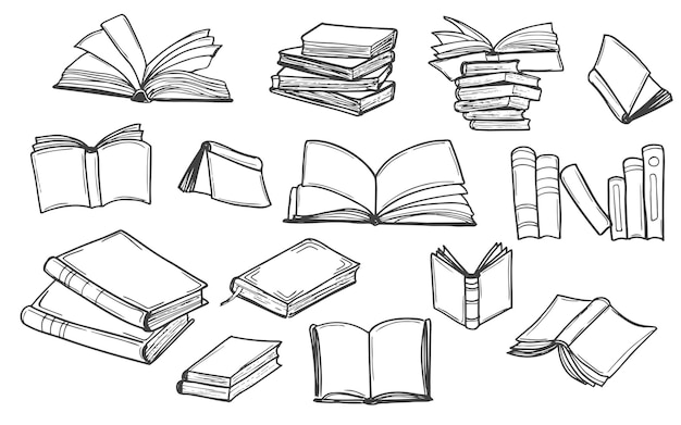 Hand drawn books doodle set Black color sketch Line art style Vector illustration isolated