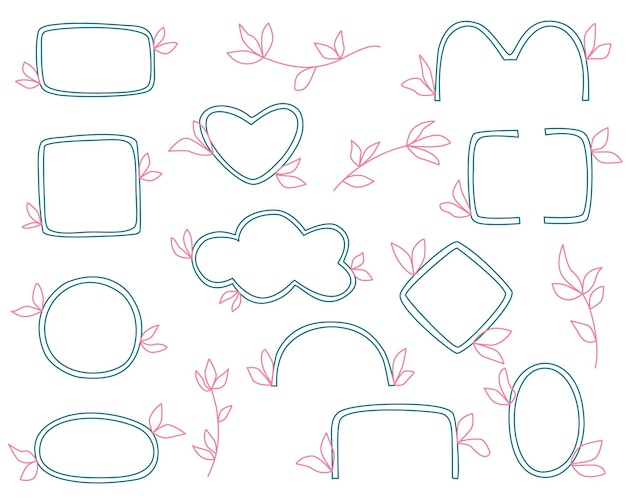Vector hand drawn border frame circle heart leafy twigs set design elements for design doodle sketch style