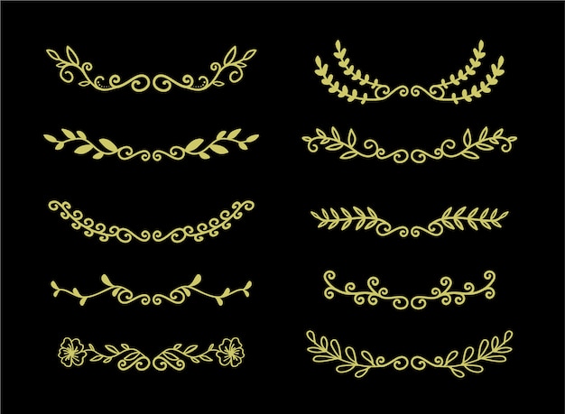Insieme disegnato a mano degli elementi di bordi insieme, vettore floreale dell'ornamento dell'oro