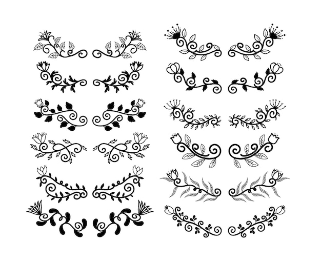 Hand drawn borders elements set collection floral swirl ornament vector